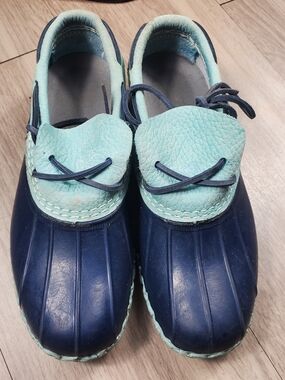 LL Bean Boots Low Top Rubber Moc Duck Womens Sz DM 8/9  Navy Aqua Vtg USA